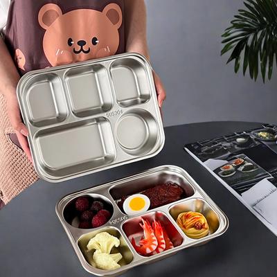 4/5-Compartments Dinner Plate For Student 304 Stainless Steel Fast Food Plate Canteen Divided Dinner Tray With Lid