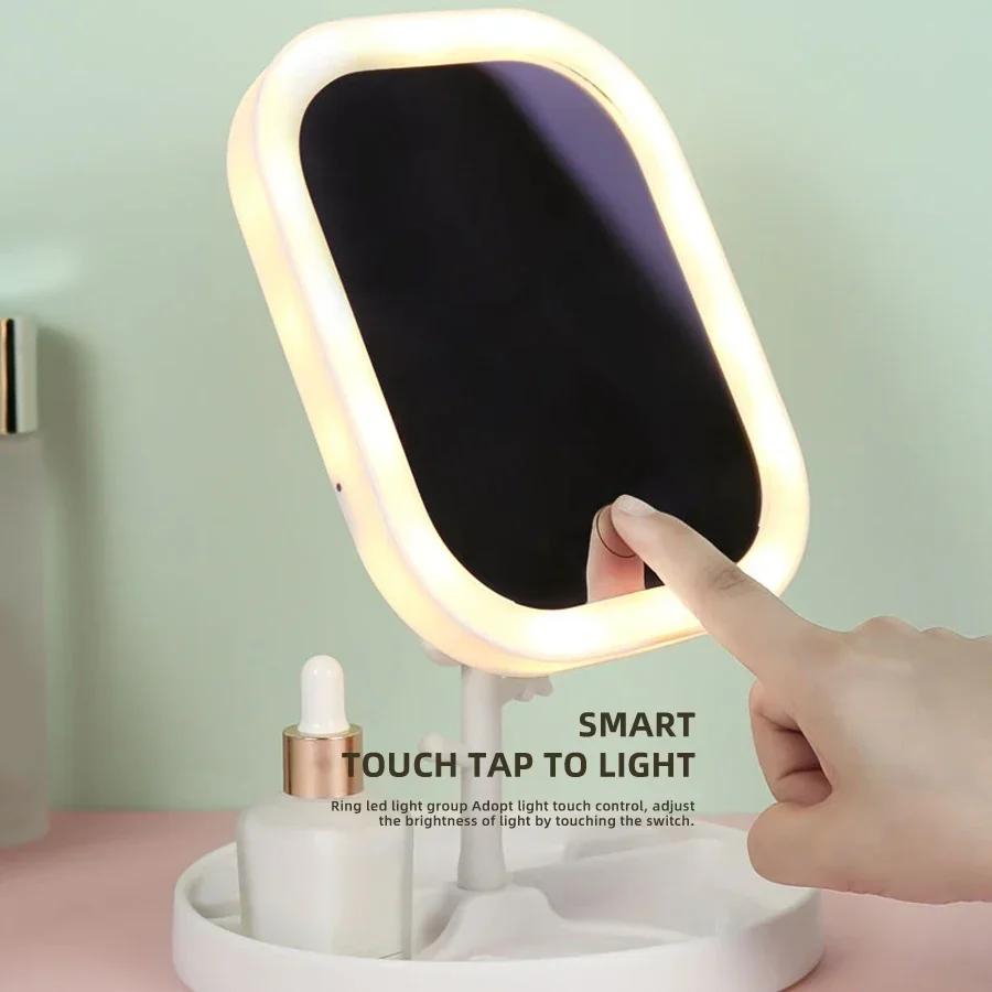 LED Light Makeup Mirror 3Color Light Source Portable USB Charging Beauty Makeup Fill Light Smart HD Desktop Folding INS Grooming
