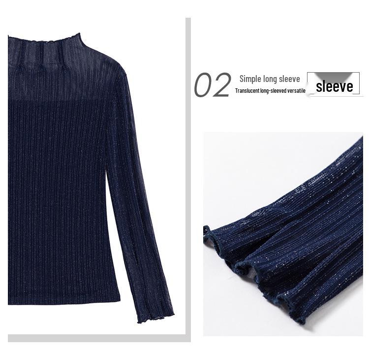 Women's High Neck Mesh Lace Base Layer: Fleece-Lined Long Sleeve Fashionable Innerwear for Autumn/Winter.