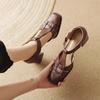 Roman Shoes Women's Soft Leather French Summer New 2025 Hollow Word Thick Heel Bag Head with Retro High Heel Sandals