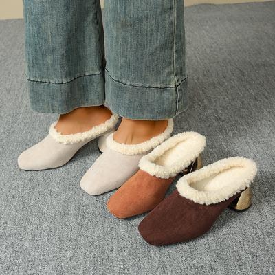Winter Damen Hohe Absatzpumps Handgefertigt Warme Pelz Schneestiefel Mittlerer Absatz Einzelne Schuhe Leder Gummi Außensohle Bequem Stiefelchen