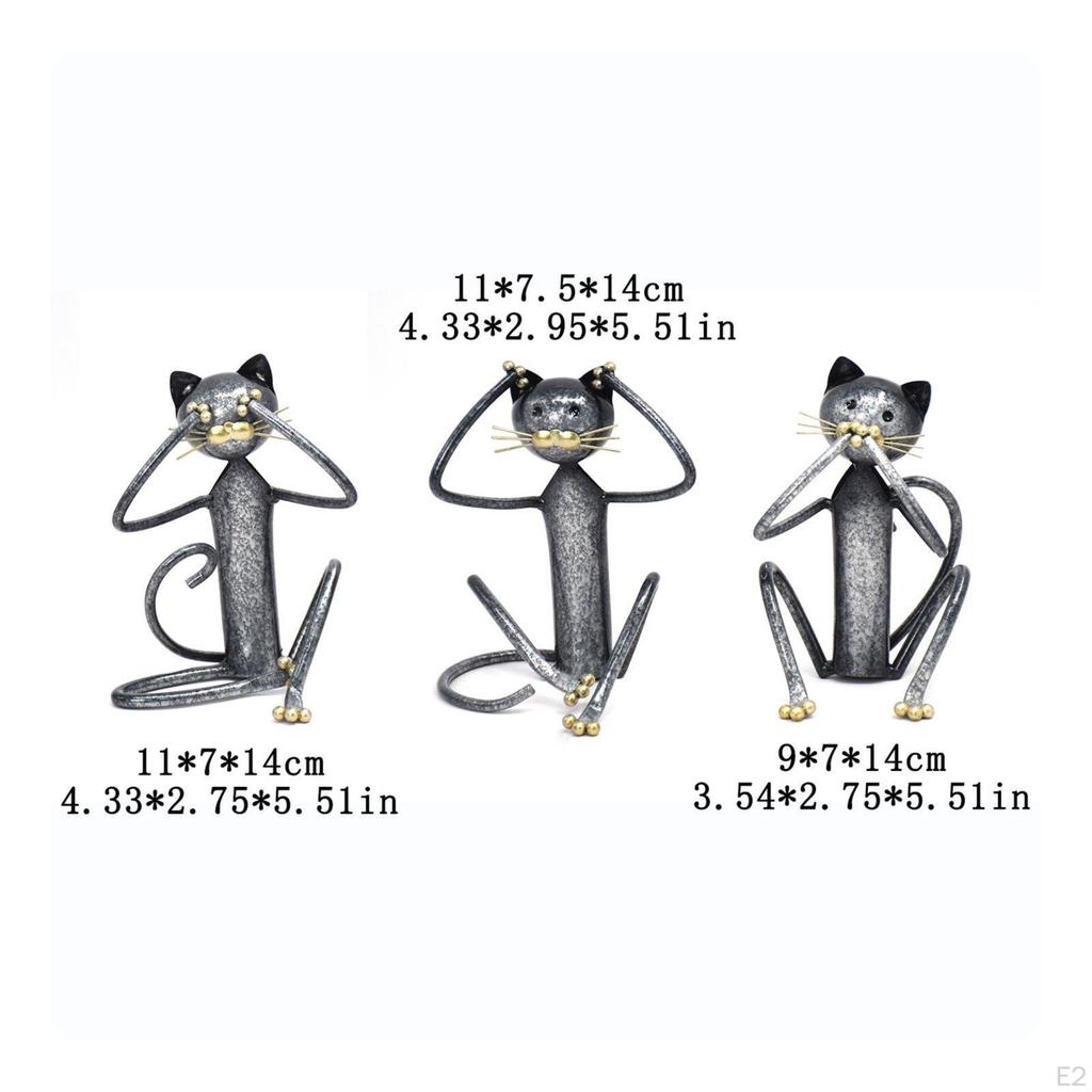 3 Pieces Iron Feline Statue Creative SculptedCat Figurine Set OldWorld Character Vintage Kitten