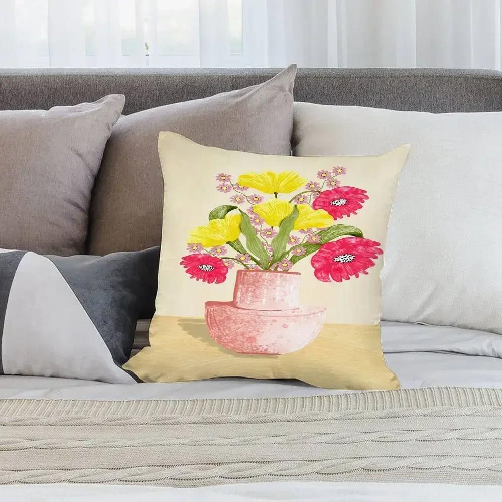 Art Flower Vase Pillow Case Short Plush Double-sided Print Square Throw Pillow Covers Sofa Home Cushion Decor