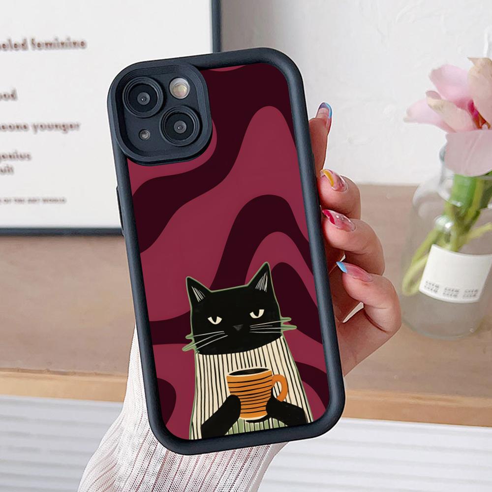 Cute Coffee Cat Thicken TPU Mobile Phone Case for iPhone 17 16 15 14 13 12 11 Air Pro Max Plus Colorful Cover