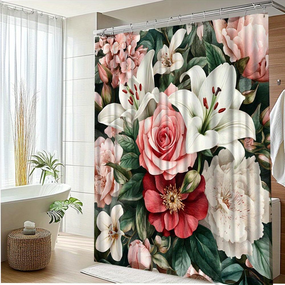 1Pc Floral Shower Curtain Elegant Flower Patterns Bathroom Decor Polyester Fabric With 12 Hooks 70.8X70.8 Inches