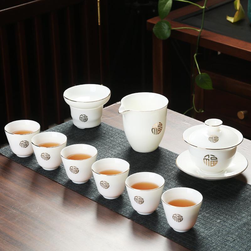 Good value goods suet jade porcelain kung fu tea set business merchandise gifts can be done