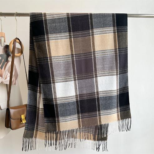 Brown British plaid fringed scarf women's winter Korean version imitation cashmere thickened shawl versatile warm scarf men's trend