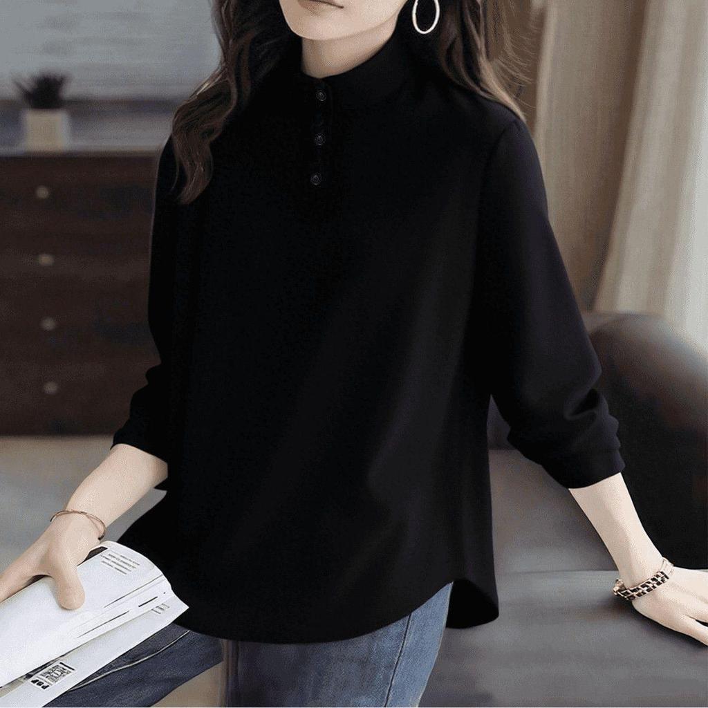 Women's Plus Size Long-Sleeve T-Shirt with Stand Collar and Lapels - De Rong Base Layer, Autumn/Winter Style for a Slimming Look