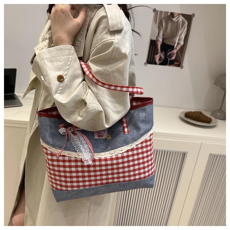 Korean Style Plaid Denim Shoulder Bag Sweet Bow Knot Crossbody Tote for Women CLE