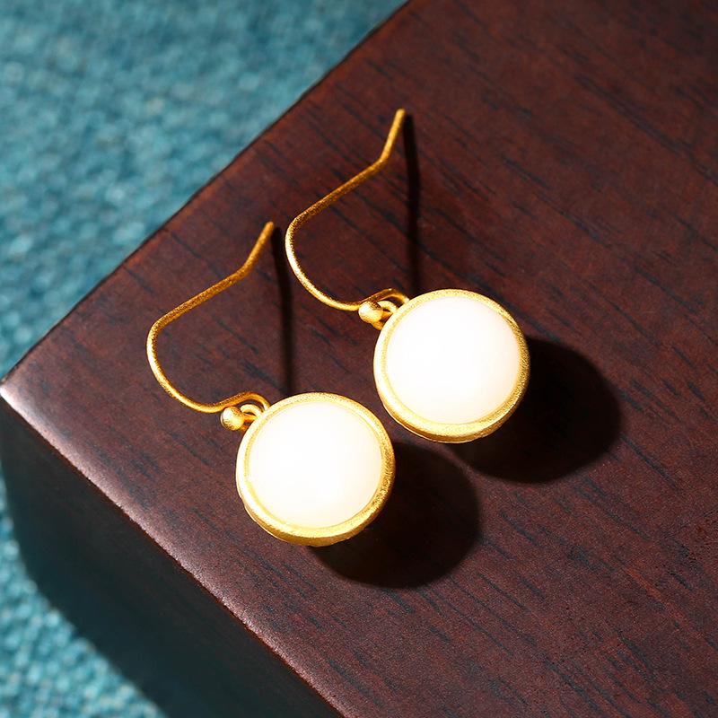 Aieryuan Retro Style Gold-Plated Jade Literary Hollow Dangle Earrings
