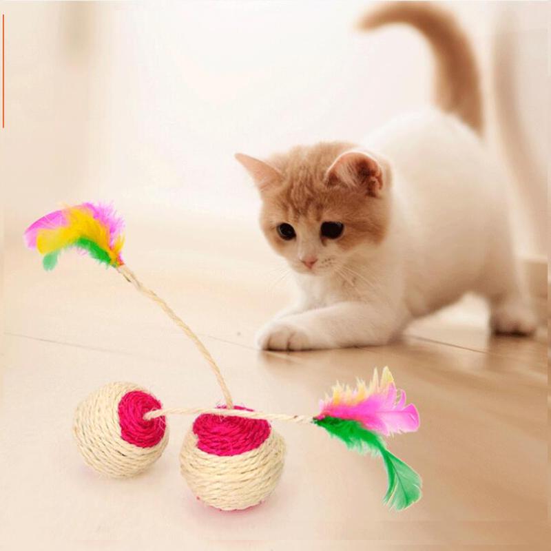New! Pet Sisal Scratching Ball Colorful Feather Training Interactive Toy Pet Cat Supplies (random Color)