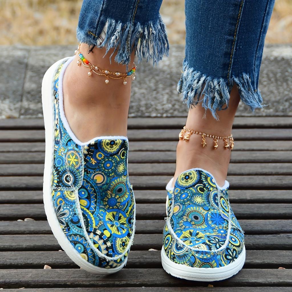 Women's Colorful Mandala Slip-On Loafers - Lightweight, Comfortable Fabric Upper, Vibrant Round Toe Shoes for All-Day Wear