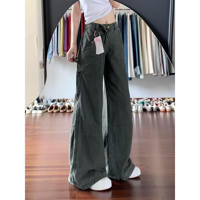 American Army Green Overalls Women s Jeans Summer Pants Women s Straight Casual Pants High Waist Dark Grey Cargo Wide Leg Pants S армия зеленый