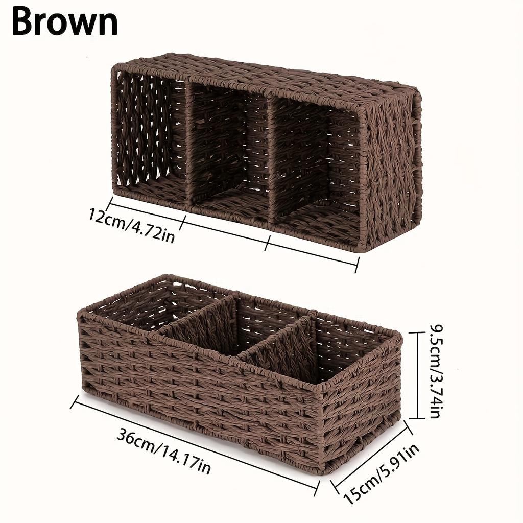 1pc Woven Three-Compartment Storage Basket, Handmade Paper Rope & Willow Storage Bin, Toilet Tank Top Tissue Box Holder