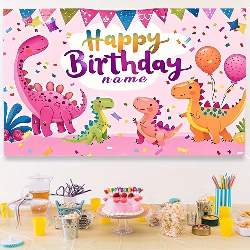 Cute Pink Dinosaur Birthday Backdrop, 100cm Customizable Name Party Background Banner for Girls Kids Birthday Decor
