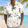 Men's White Hibiscus Palm Tree Print Short Sleeve Shirt, Spring Summer Hawaiian Vacation Blouse, Turn-Down Collar Loose Top