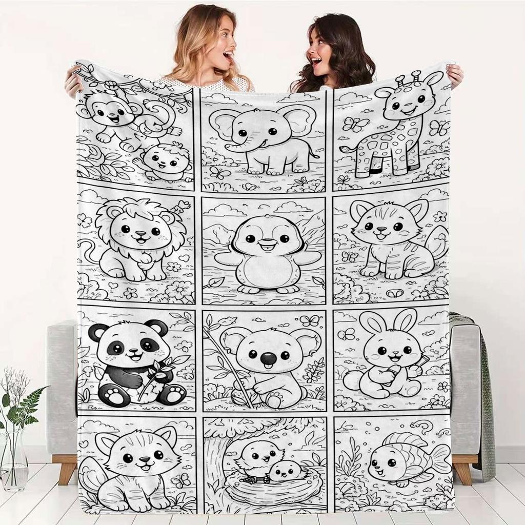 Coperta Dipingibile - Morbida Flanella Design Line Art Animale, Bianco e Nero Puro, per Pagine da Colorare, Biancheria da Letto Confortevole per la Casa, Viaggio, Feste, Regalo di Compleanno