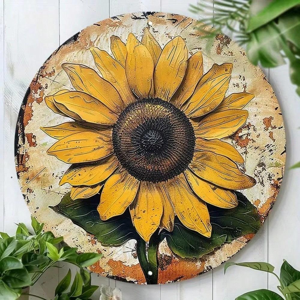 Vintage Sunflower Wreath Metal Wall Art Decor Waterproof Durable Aluminum Decoration