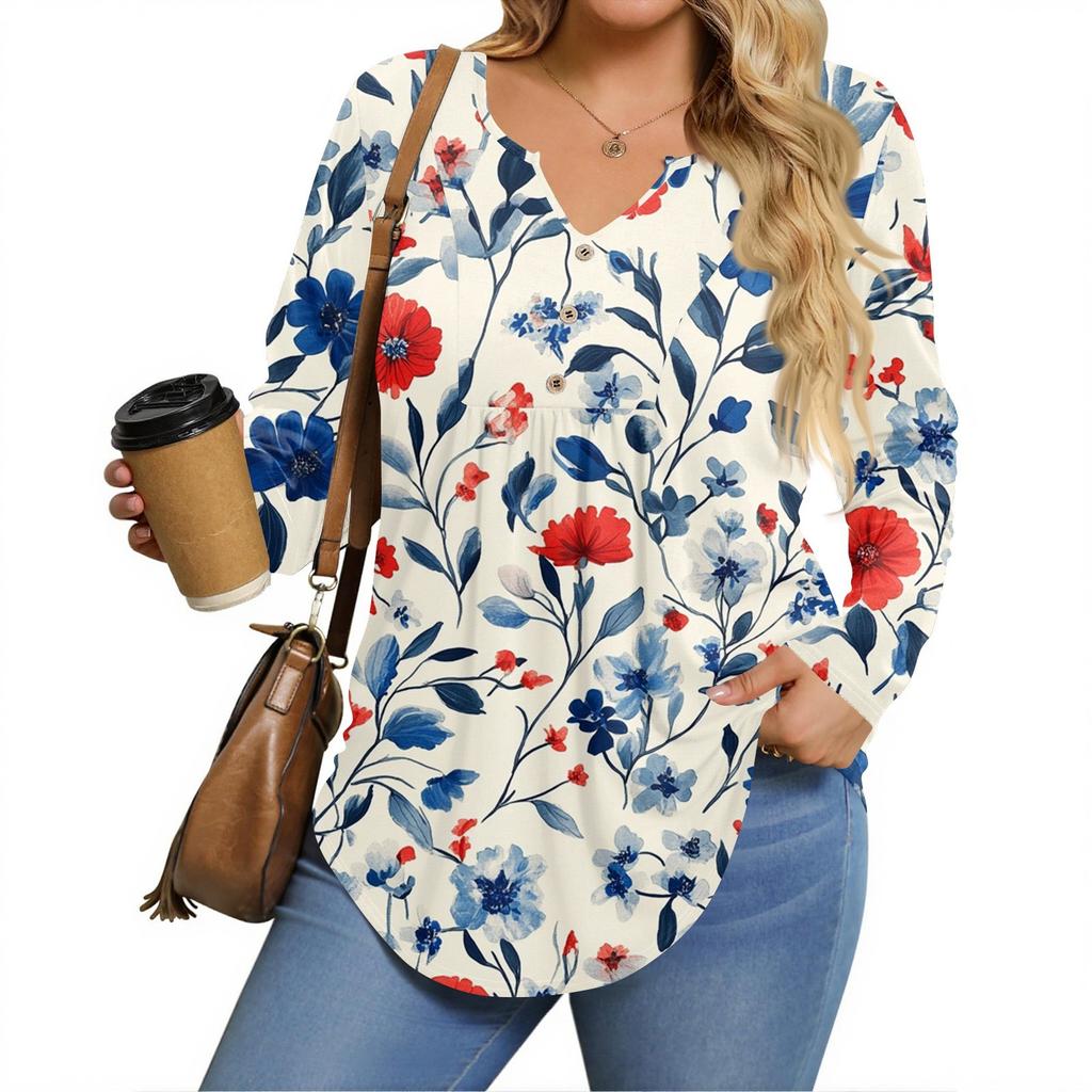 Dámská trička s dlouhým rukávem plus size s výstřihem do V, tunikové topy, základní volná trička