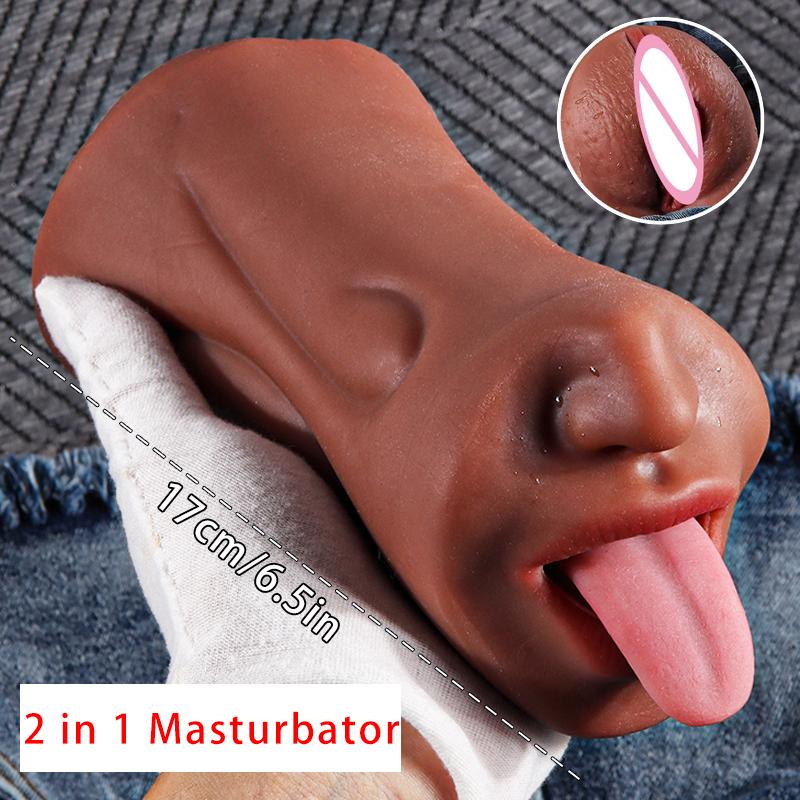 2 i 1 Deep Throat Voksenproduktlomme Pussy Myk Silikon Kunstig Vaginal for Menn Onanikopp 3D Mannlig Onani Sex
