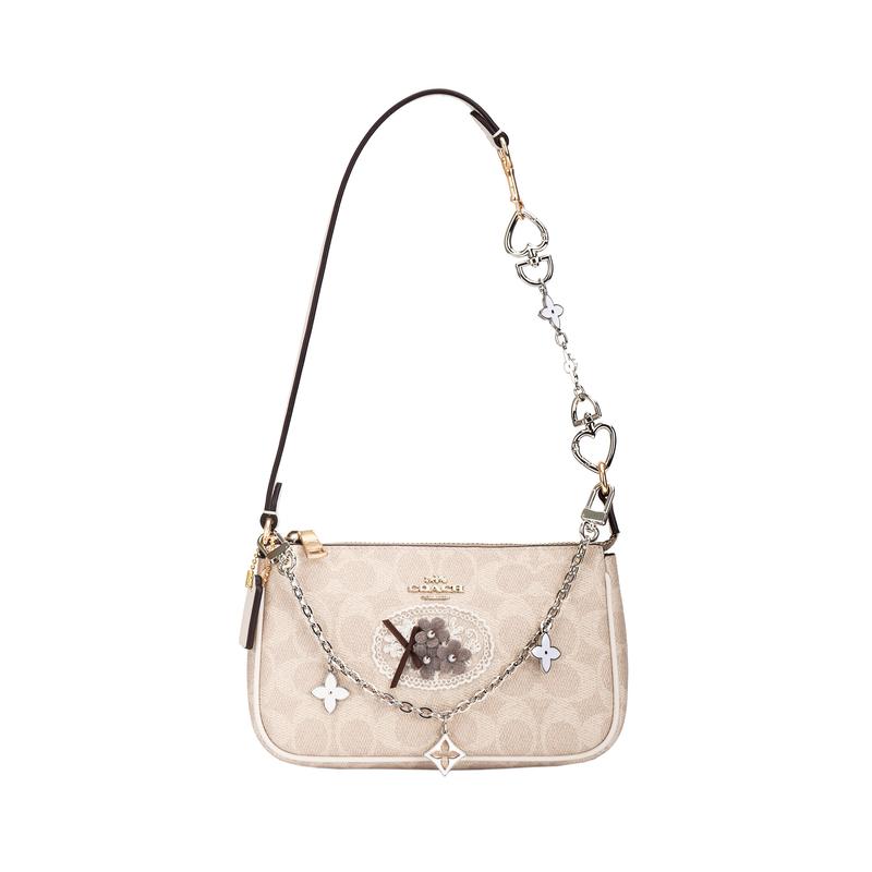 

COACH shoulder bag [Customized bag] Nolita 19 French flower embellishment, classic presbyopic print zipper, versatile French floral embellishment білий