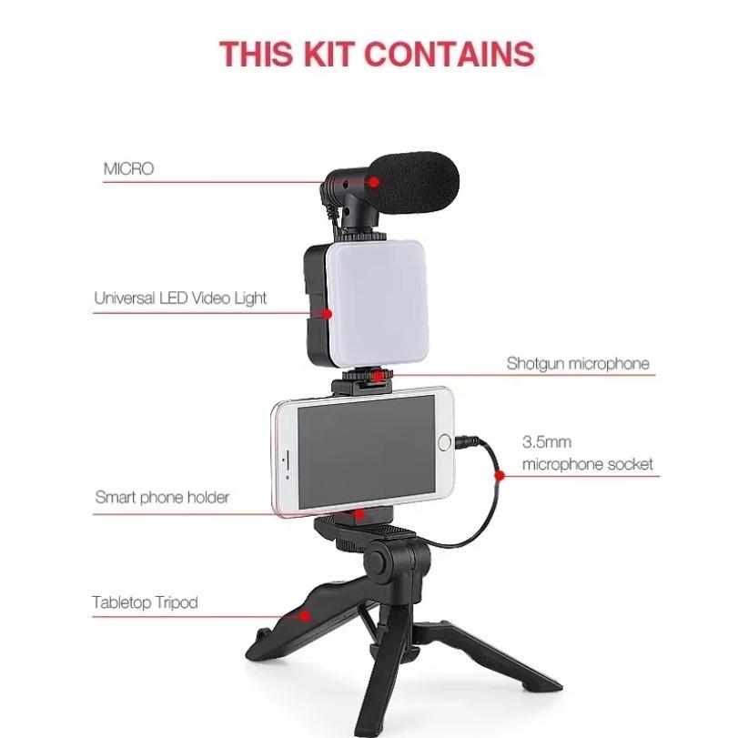 Portable Desktop Simple Phone Holder Live Streaming Microphone Tripod Kit LED Fill Light for All Smartphone Live Record Mount