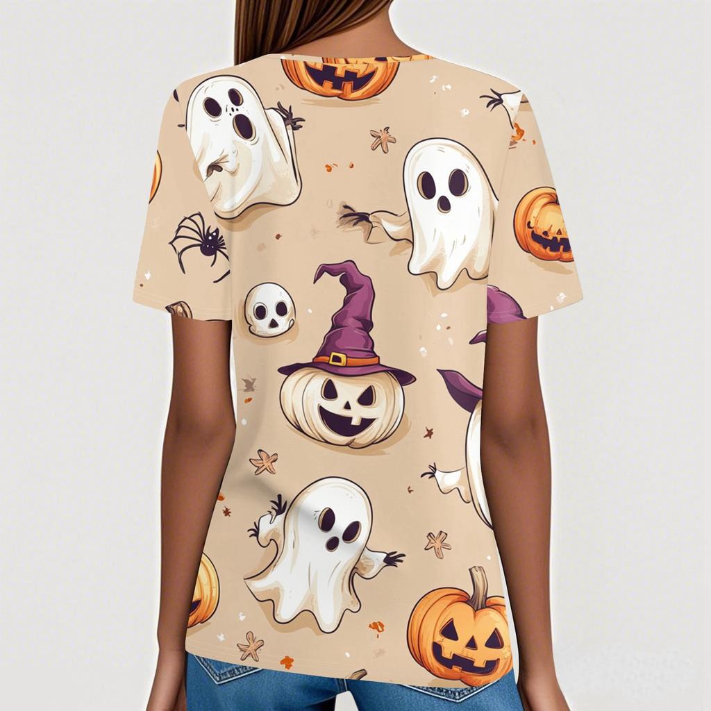 Women's T Shirt Tee Halloween Printed Button Short Sleeve Tunic Daily Weekend Fashion Basic V- Neck Regular Top