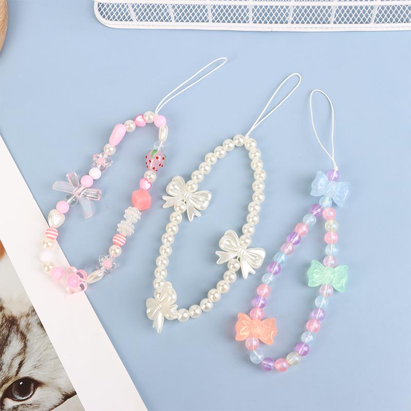Flori telefon lanț căpșuni mărgele pandantiv farmec dulce bowknot agățat frânghie anti-pierdere curea încheietura mâinii geantă decor