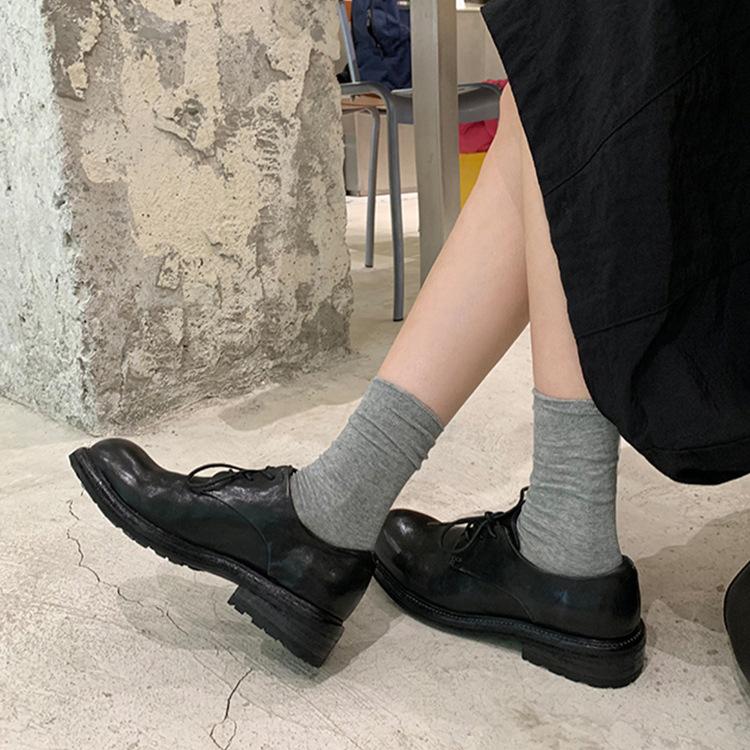 Sheepskin Version~ Leather Thick Heel Retro Pleated Small Leather Shoes Women's British Lace-up Platform Oxford Shoes Loafers Single Shoes