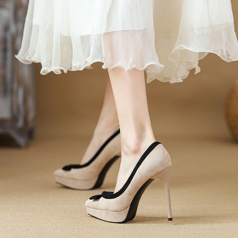 2025 Beautiful Single Shoes Gentle Bow Thin Heel Waterproof Table High Heels with Small Night Shoes
