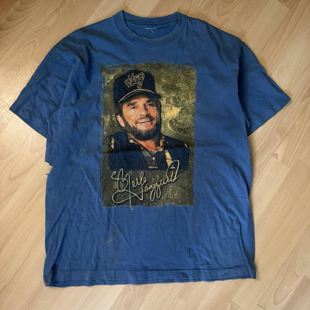 

Vintage 90s Merle Haggard Distressed amp Faded Single Stitch Country Band T Shirt Unisex T-Shirt XL