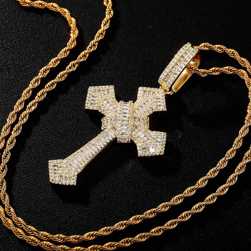Copper Cross Pendant Necklace With Zircon Stones Full Hip Hop Style Men