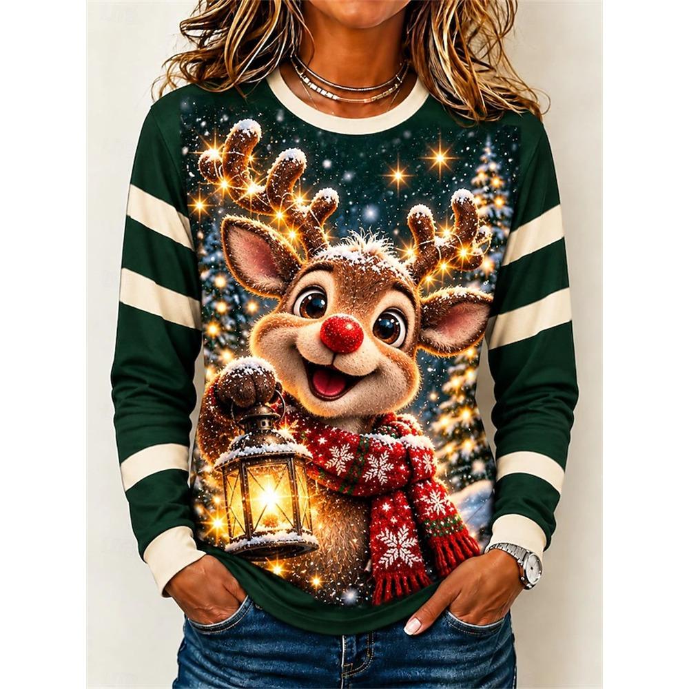 Women’s Long-Sleeve Christmas Pullover Crew Neck Sweatshirt with Christmas Tree and Gift Print Casual Top for Holiday Parties