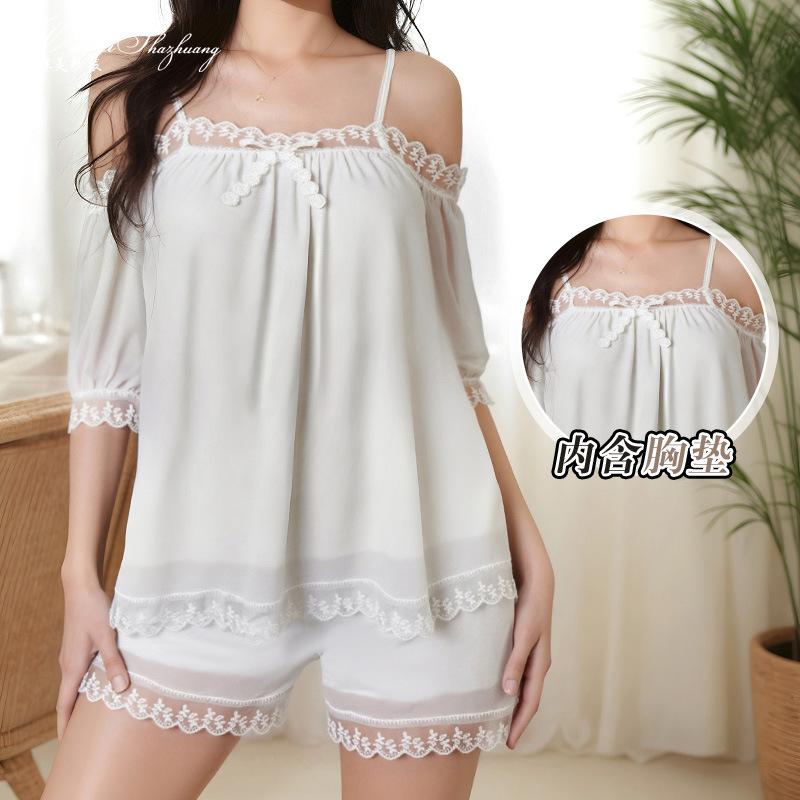 Beautiful Yarn Princess Wind One-word Shoulder White Suit Breathable Lace Suspender Mesh Yarn Pure Desire Wind