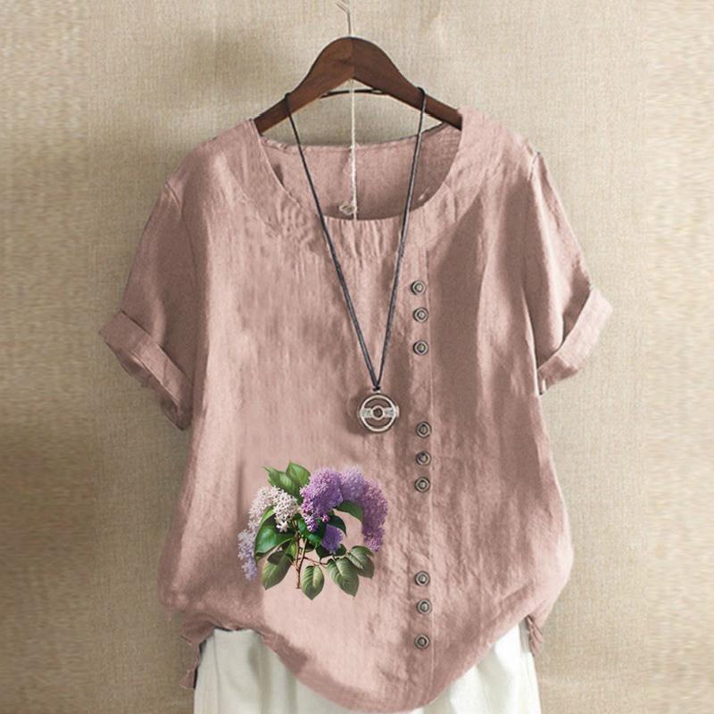 Women's Fashion Lavender Prined Round Neck Short Sleeve T-shirt Casual Cotton Linen Graphic Shirt Leisure Loose Summer Blouse Tops