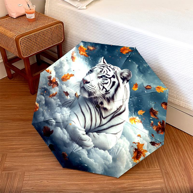 1 PC Automatic Folding Umbrella - White Tiger with Falling Leaves Pattern, Portable & Foldable Design with 8 Ribs, Christmas Birthday Gifts