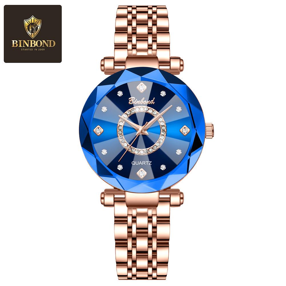 Women's Waterproof Ocean Heart Multi-Faceted Glass Watch with Stainless Steel Band - Blue Starry Sky Design