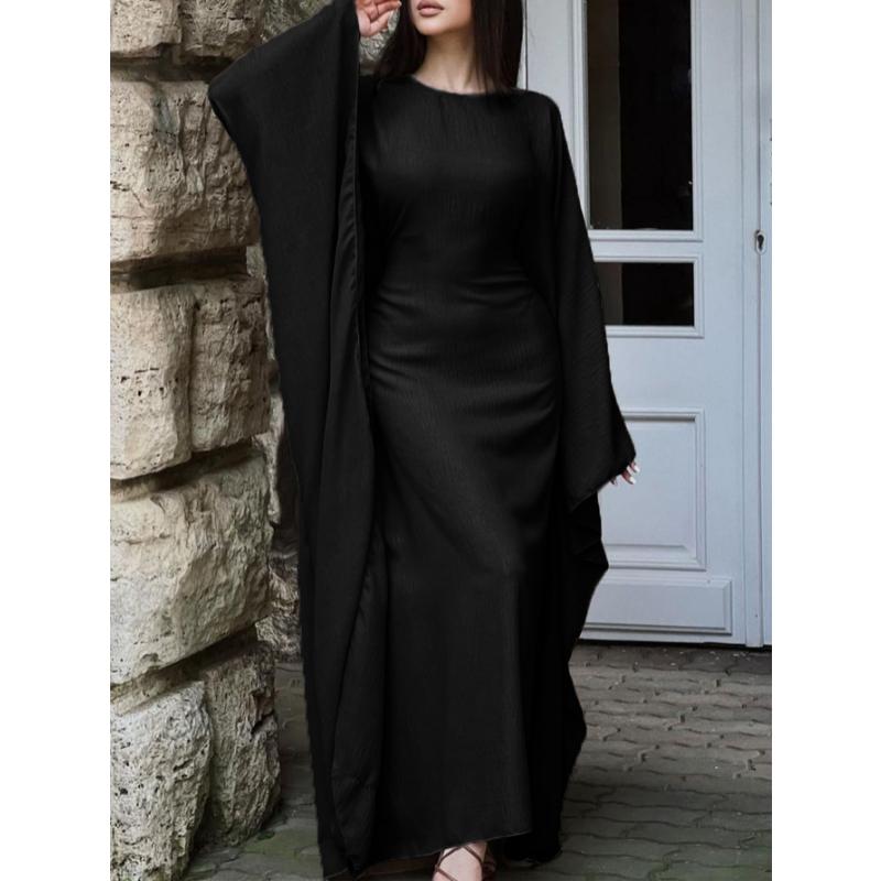 Round Neck Wide Flare Sleeve Satin Textured Maxi Dress Elegant Loose Fit Fall Winter Modest Abaya Style Evening Wedding Guest Floor Length Long Gown
