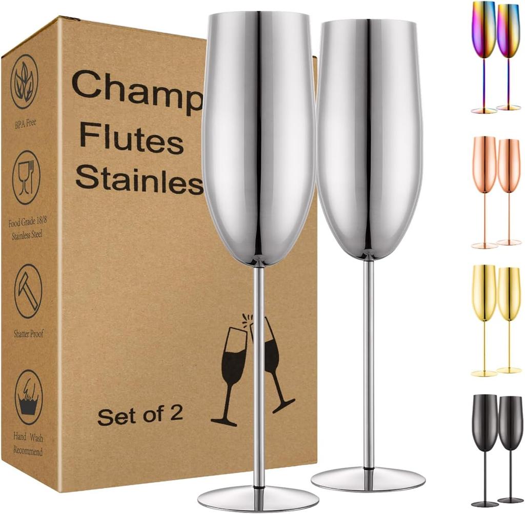 Stainless Steel Champagne Flutes Set of 2, Gold Unbreakable 8.5 oz for Wedding, Party, Christmas, Anniversary, Birthday Gifts