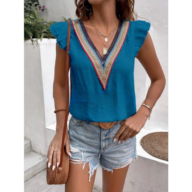 

Летняя женская блузка с v-образным вырезом и кружевными рукавами-бабочками, элегантная повседневная женская белая рубашка, модные элегантные топы без рукавов, Blusas 25803 XL