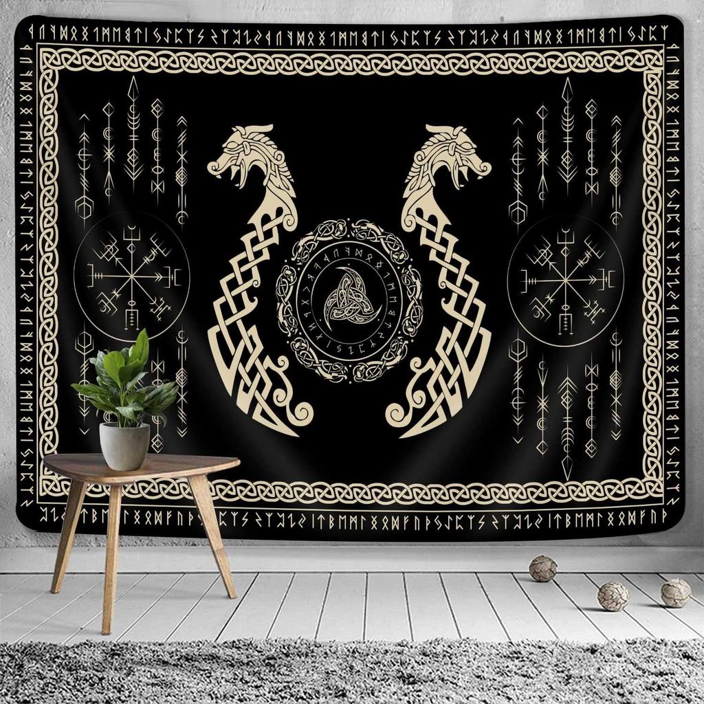 Viking Dragon Tapestry, Ancient Rune Dragon Totem Norse Mythology Wall Art Tapestries, Black White Mystical Geometric Norse