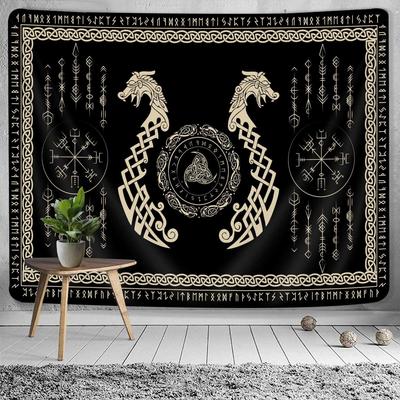 Viking Dragon Tapestry, Ancient Rune Dragon Totem Norse Mythology Wall Art Tapestries, Black White Mystical Geometric Norse