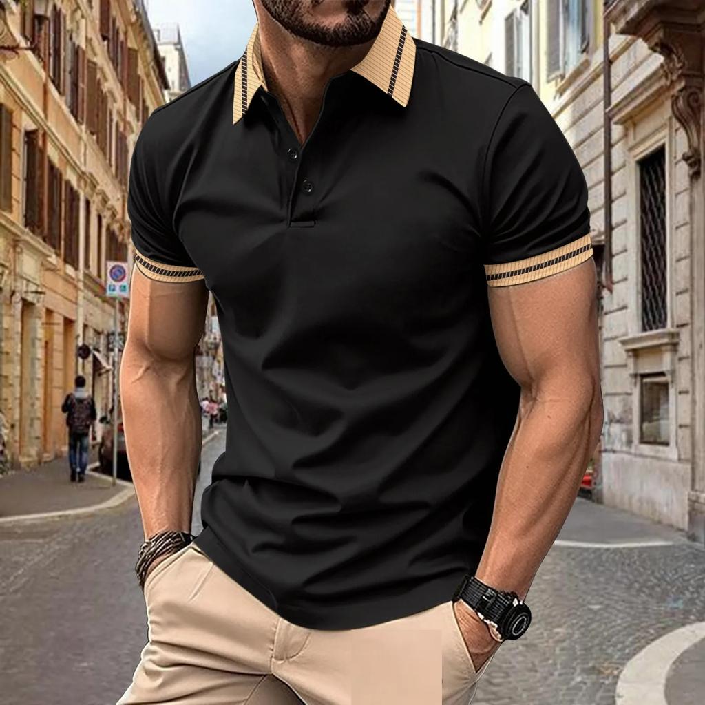Men's Fashion Summer Business Casual Polos Short Sleeved Buttons Lapel Breathable Patchwork Polo Shirts Men
