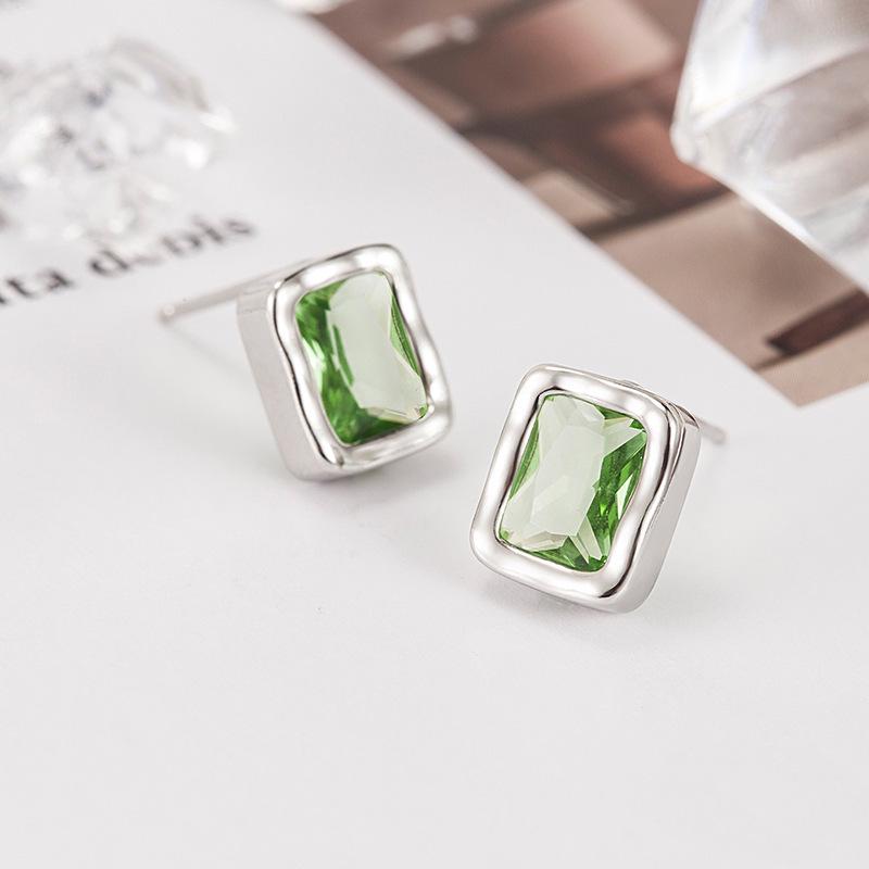 Elegant Green Zircon Square Stud Earrings for Women - High-End Hong Kong Style, Unique and Sophisticated Design.