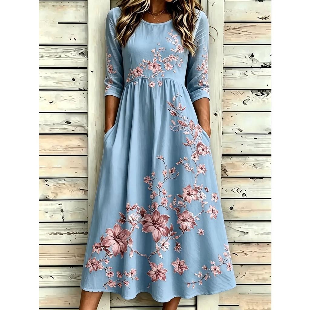 Women's Crew Neck Long Sleeve Loose Fit A-Line Midi Dress Casual 3D Floral Print