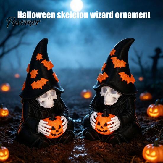 Small Stable Gothic Figures Halloween Skeleton Wizard Figurine, 3D Printed Statue with Bat Hat Pumpkin Pumpkin& Hat, Bookshelf And Tabletop