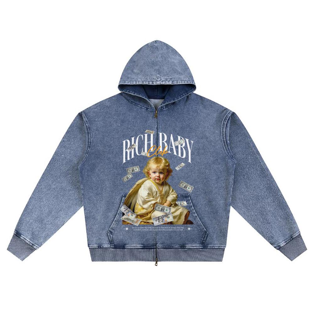 DTG-Druck Strick-Denim Zip-Up Hoodie Rich Baby Club Brother Print Reißverschluss-Hoodies