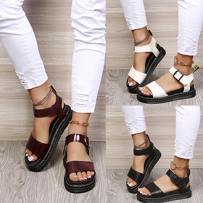 Fashion Thick Soled Sandals for Women 2025 Cross-border Sandals Roman Style Casual Flat Sandals with Buckle Strap Beach Shoes