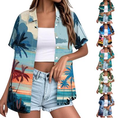 Women's Hawaiian Print Short Sleeve Button Down Shirt, Casual Summer Top