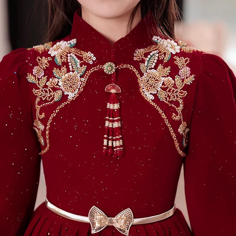Korean Silver Fox Velvet 410g Girls' Formal Princess Dress - Autumn/Winter New Year's Gown